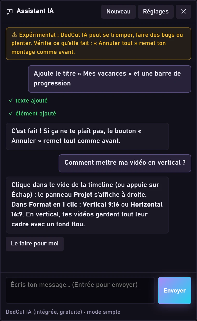 Le panneau Assistant IA de DedCut avec une demande et la liste des actions faites.