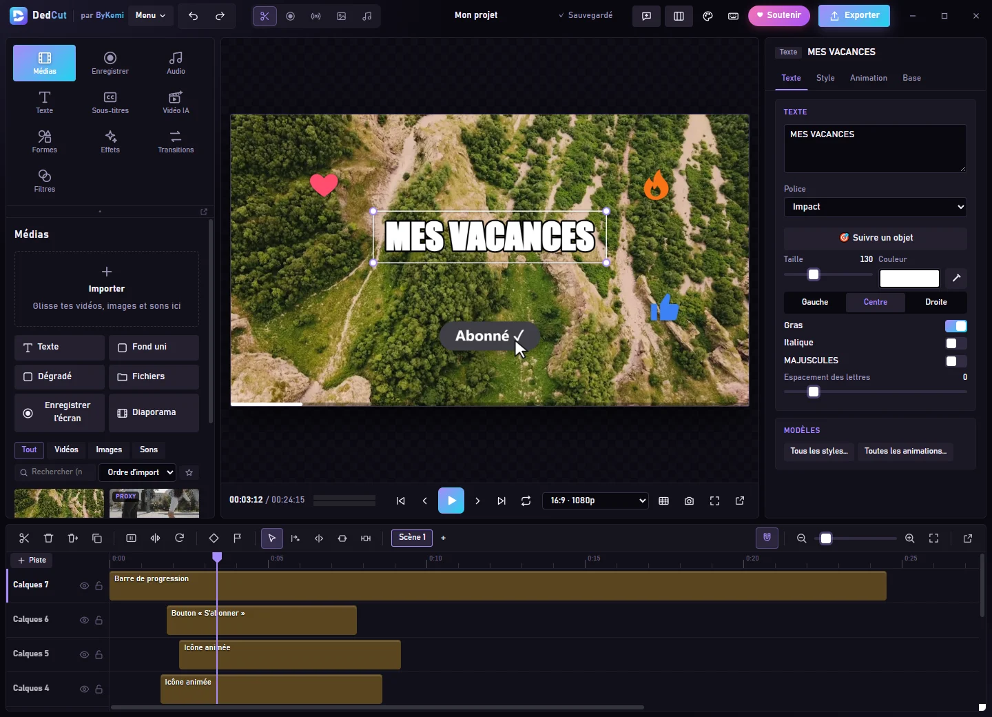 L'éditeur DedCut avec un titre, des icônes animées, un bouton S'abonner et une barre de progression sur la timeline.